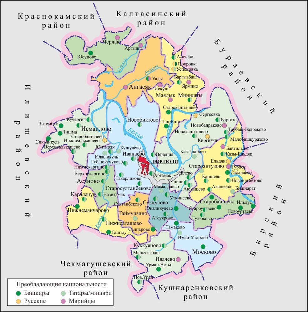 Carte du district de Dyurtyulinsky avec des villages