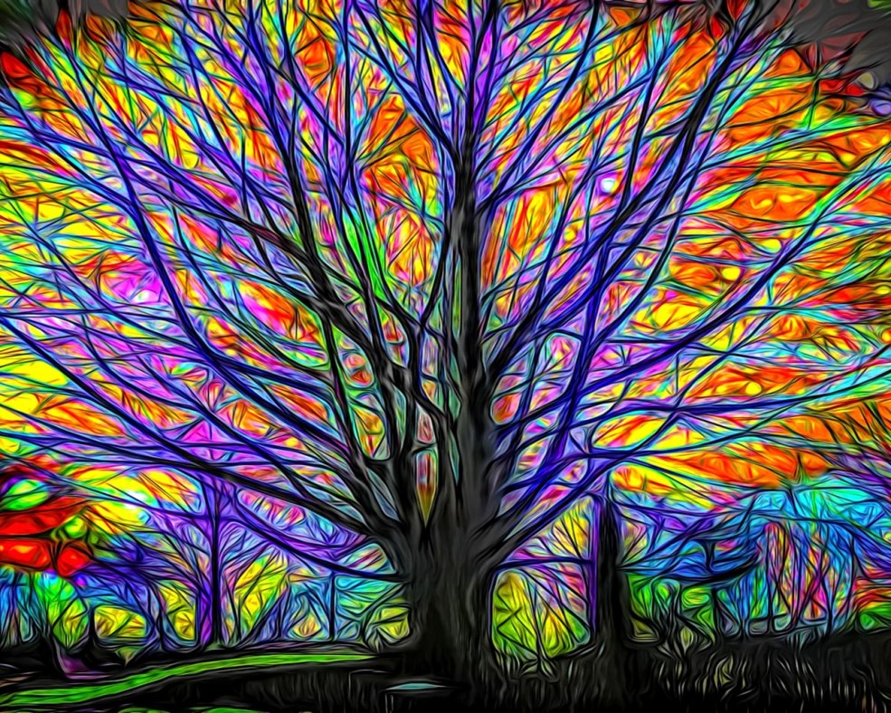 Arbre avec feuilles multi-colorants