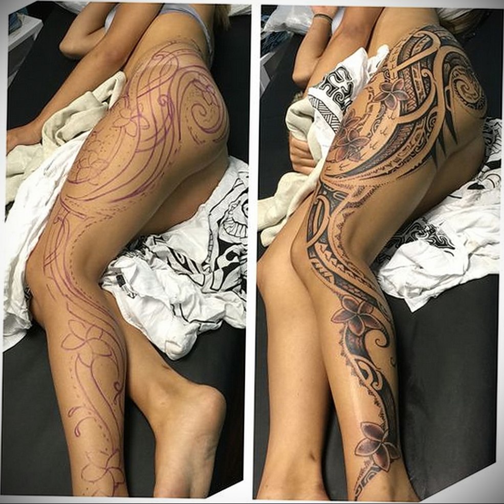 Tatouage sur la hanche et toute la jambe