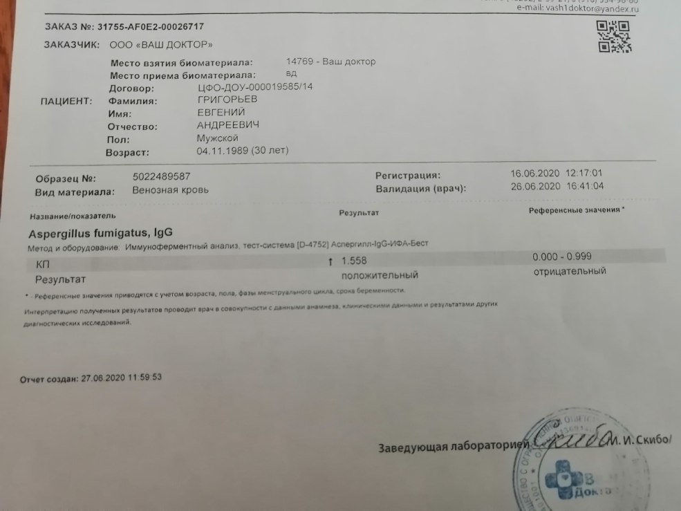 Le résultat de l'analyse des anticorps