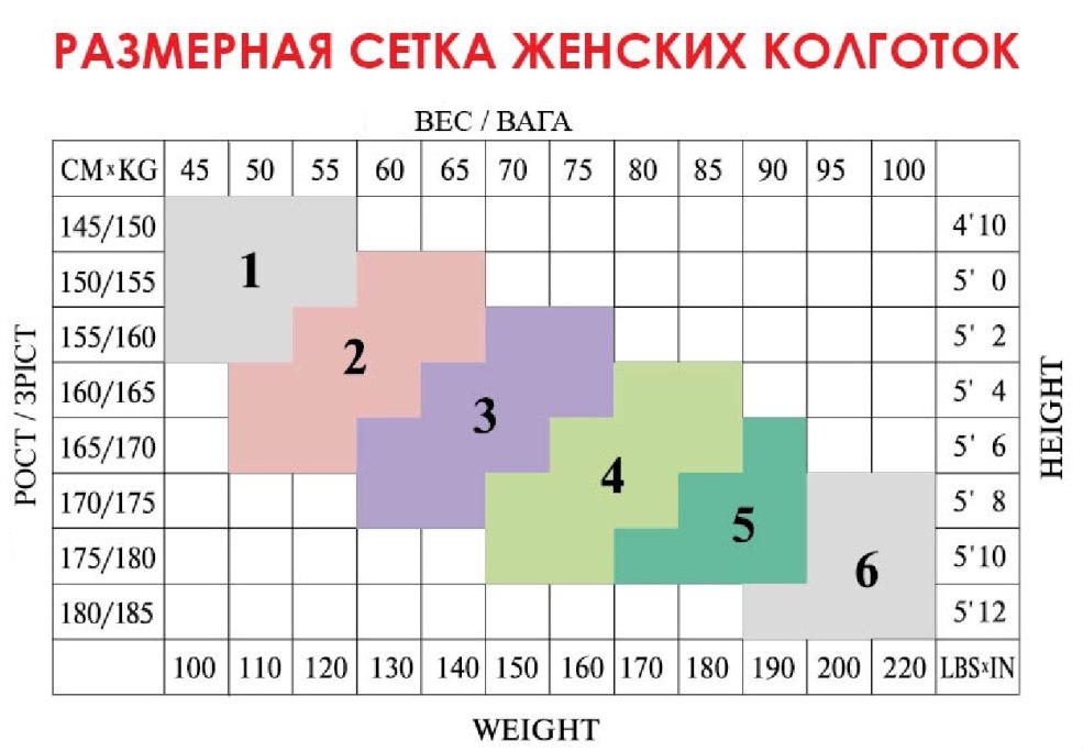 Grille dimensionnelle des collants de Kapron